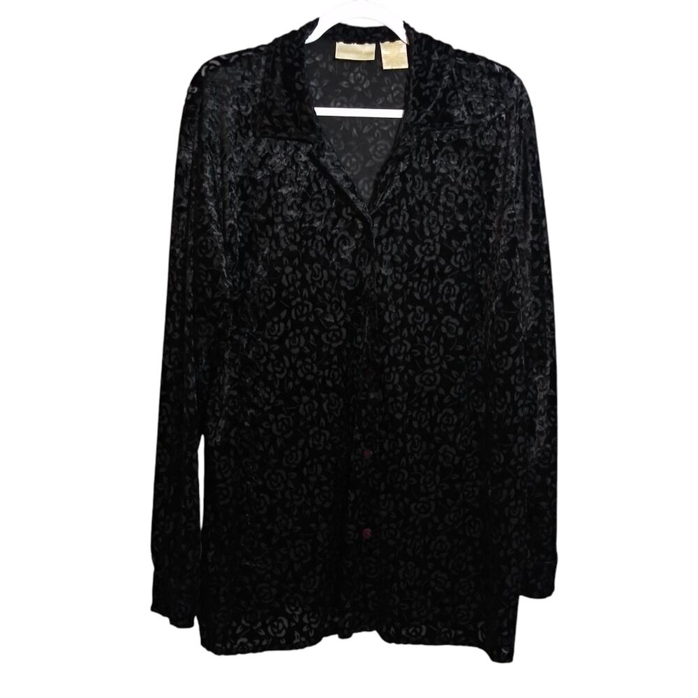 Christie & Jill 90s Black Burnout Velvet Button Up Blouse Semi Sheer Size XL